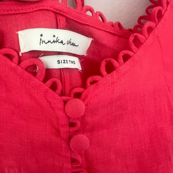 Innika Choo Madonna Phulnan Embroidered 100% Linen Floral Red Tea Dress - Picture 6 of 9